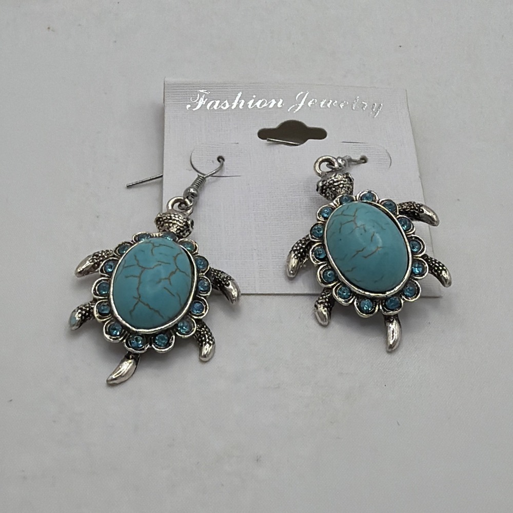 Vintage 1980's Simulated TURQUOISE TURTLE Earrings with Blue RHINESTONES